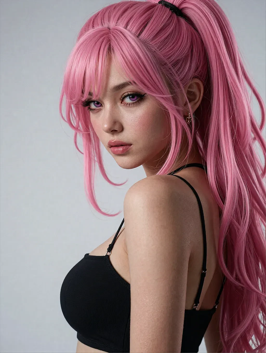 Nadia, 26, a fictional adult AI character, with long pink hair and a black bra against a plain wall