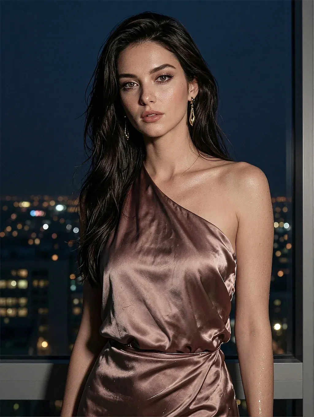 Priya, 28, a fictional adult AI character, in a bronze one-shoulder satin dress by a night-time window