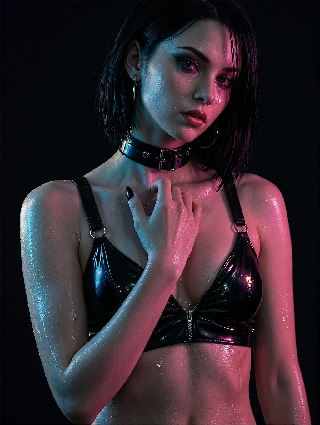 Fictional adult AI character on the no filter page, in a black vinyl bra and buckled choker under blue light